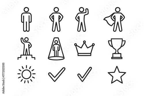 Confident Postures Icons. Body language confidence. Line icon set of body language confidence: person standing tall, arms on hips, raised fist, confident