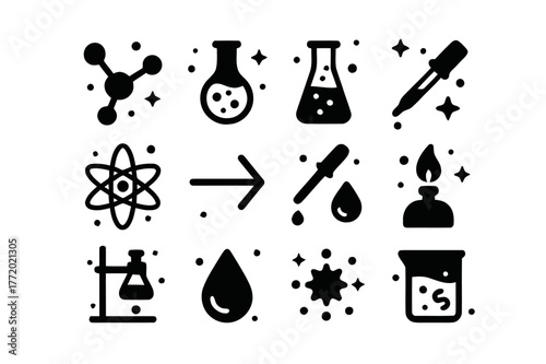 Organic Chemistry Icons. Organic Synthesis. Solid icons set of Organic Synthesis: molecule, flask, test tube, beaker, atom, reaction arrow, pipette, Bunsen