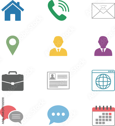 A clean set of twelve flat design vector icons for contact, business, and web, featuring a house, phone, envelope, location pin, user profiles, briefcase, ID card, web browser with globe, chat bubbles