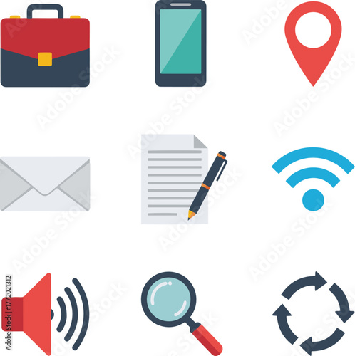 A collection of nine flat design vector icons representing business, communication, and utility functions, including a briefcase, smartphone, location pin, envelope, document with pen, WiFi signal, sp