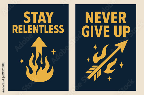 Navy Gold Motivation. Stay relentless. Two vertical A6 banners with safe margins, centered composition, no elements touching edges, bold, navy and gold,