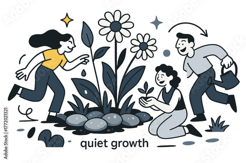 Garden Serenity. Pebble ? Garden Corner. Pebbles line a flower bed with soft shadows; droplets glint after rain. Label ?quiet growth? in small script nearby.