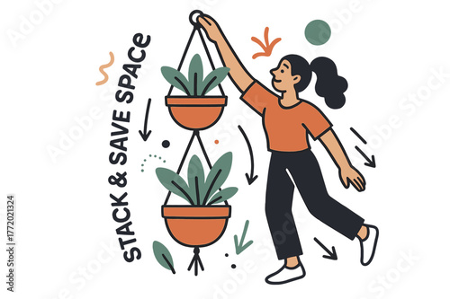 Stacked Plant Hanger. Double-tier hanger for two plants. A second cradle drops elegantly beneath the first; arrows show weight balance. ?Stack & save space?