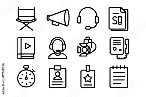 Director Crew Icons. Director and Crew. Line icon set of Director and Crew: director chair, megaphone, headset, clipboard, script binder, stage manager, cue