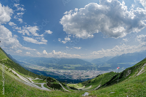 View of the city of Innsbruck, Austria from Nordkette mountain chain; fisheye perspective