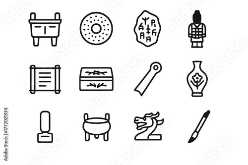 Chinese Antiquities Icons. Chinese antiquities. Line icon set of Chinese antiquities: bronze ding, jade bi disk, oracle bone, terracotta warrior, silk scroll,
