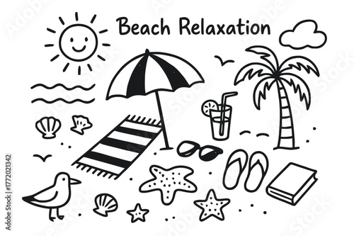 Beach Relaxation Doodles. Beach relaxation. Hand-drawn doodle illustration beach relaxation umbrella, towel, waves, palm tree, sun, seashell, drink,