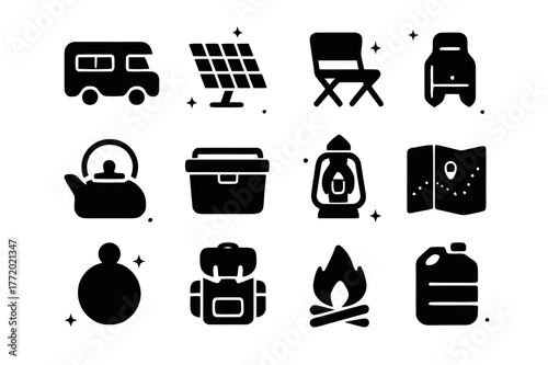 Vanlife Nomad Icons. Campsite and Vanlife Nomads. Solid icons set of Campsite and Vanlife Nomads: camper van, solar panel, foldable chair, portable stove,