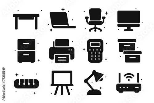 Home Office Essentials. Home-based business setups and organization. Solid icons set of Home-based business setups and organization: desk, laptop, ergonomic
