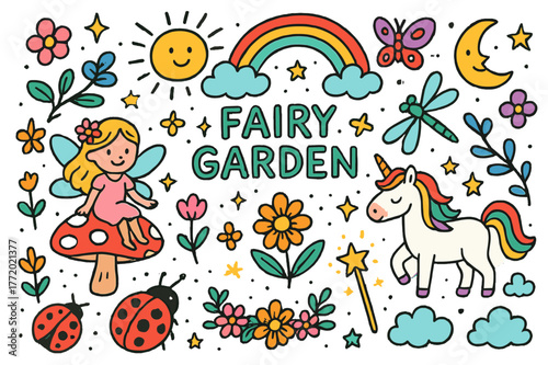 Fairyland Magic Doodles. Fairy garden, Colorful Hand-drawn doodle Children illustration Fairy garden and magical creatures. Fairy, flower, butterfly, rainbow,