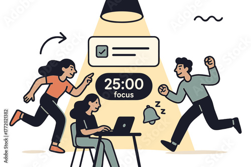 Focused Task Sprint. Focused attention sprints. A spotlight tightens on a single task card; distractions fade into soft shapes. ?: focus? pulses while a bell