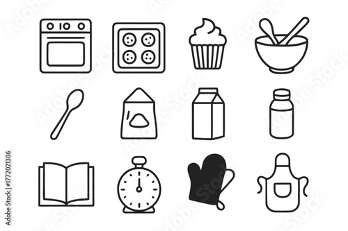 Home Baking Icons. Baking at home. Line icon set of home baking: oven, tray, cupcake, bowl, spoon, flour, milk, sugar, recipe book, timer, gloves, apron. All
