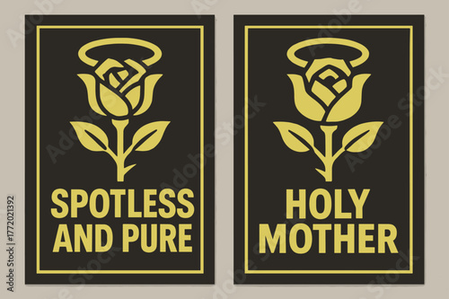 Purity and Divinity. Rose Without Thorn. Two vertical A6 banners with safe margins, centered composition, no elements touching edges, brutalist, charcoal and