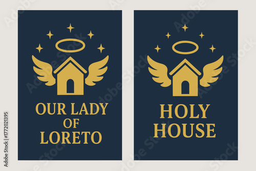 Holy House Banners. Holy House of Loreto. Two vertical A6 banners with safe margins, centered composition, no elements touching edges, flat vector design, navy