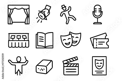 Musical Theater Icons. Musical Theater. Line icon set of Musical Theater: stage curtain, spotlight, dancing actor, microphone, orchestra pit, script book, mask