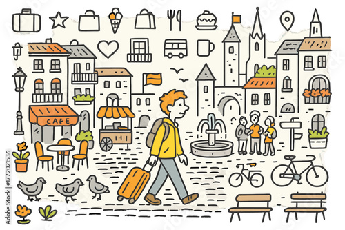 Charming European Cityscape. European cityscape. Hand-drawn doodle illustration person walking (colored), cobblestone street (colored), historic buildings