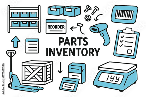 Parts Inventory Doodles. // Parts inventory. Hand-drawn doodle illustration Parts inventory [shelving rack, labeled bins (accented), small fasteners, barcode