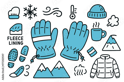Winter Work Essentials. // Insulated winter work gloves. Hand-drawn doodle illustration insulated winter work gloves [puffy glove pair (accented), fleece