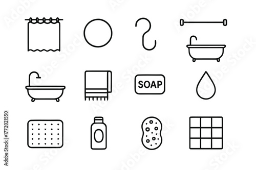 Bathroom Icon Set. Bathroom accessories. Line icon set of bathroom accessories: shower curtain, ring, hook, curtain rod, bathtub, towel, soap, water droplet,