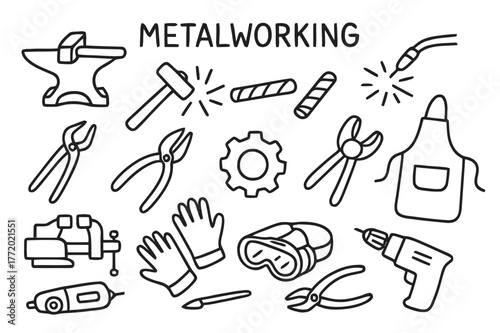 Metalworking Tools Illustration. Metalworking. Hand-drawn doodle illustration metalworking anvil, hammer, sparks, welding torch, tongs, steel rod, gear, vise,