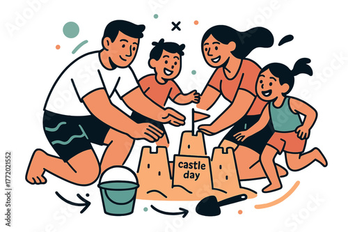 Family Sandcastle Fun. Beach Vacation ? Family Sandcastle. Hands pat smooth towers; a tiny flag reads ?castle day?. Bucket and shovel icons arc in a tidy loop.