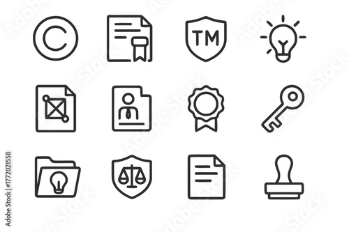 Intellectual Property Icons. Intellectual Property Law. Line icon set of Intellectual Property Law: copyright symbol, patent document, trademark badge, idea