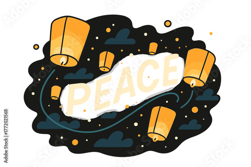 Lanterns of Peace. Lantern Glow. Floating paper lanterns drift upward, each pulse glowing softly against night air. Curved motion lines form ?peace? in the
