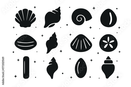 Seashell Silhouettes Grid. Minimalist Seashell Silhouettes. Solid icons set of Minimalist Seashell Silhouettes: scallop silhouette, conch silhouette, nautilus