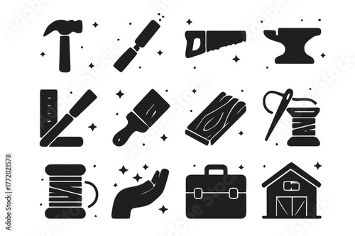 Craftsmanship Iconography. Emphasis on Craftsmanship. Solid icons set of Emphasis on Craftsmanship: hammer, chisel, saw, anvil, ruler, paintbrush, wood plank,