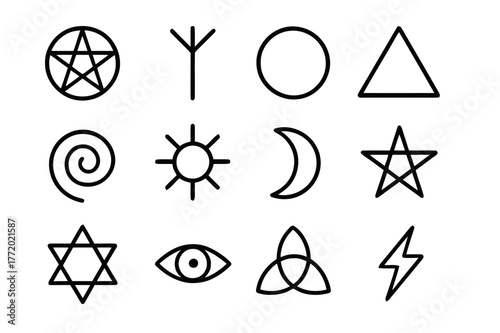 Occult Symbol Icons. Occult symbols. Line icon set of occult symbols: pentagram, rune, circle symbol, triangle symbol, spiral, sun symbol, moon symbol, star,