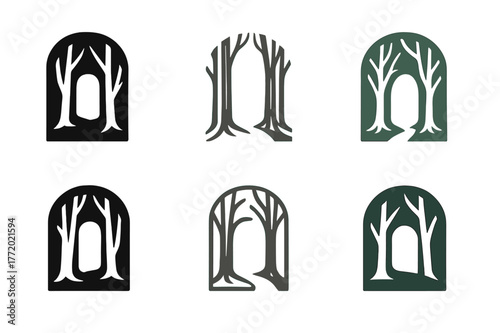 Forest Path Logos. Forest shortcut. Set Logo of Forest shortcut: tree trunks forming opening. harmonious logo variations of the same emblematic concept, each