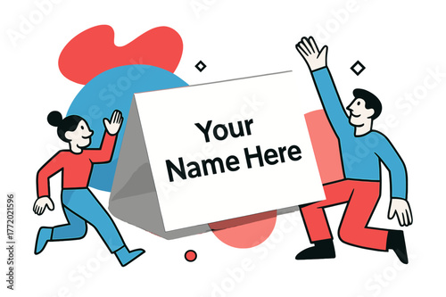 Floating Place Card. Blank Place Card Mockup. A pristine folded card floats with light shadows; placeholder text reads ?Your Name Here.? Geometric shapes frame