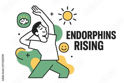 Stretching in Sunlight. Mental Wellness Boost. A person stretches in sunlight, floating icons show brain sparks and smile glyphs. ?Endorphins Rising? glows in