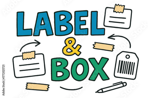Colorful Doodle Labels. Label & Box ? Doodle / Sketch; playful hand-drawn letters with rough outlines and arrows; casual offset stacking; colored lettering