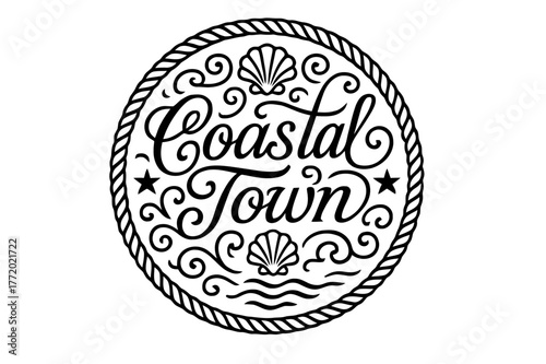 Coastal Classic Design. Coastal Town ? flourished classic ornamental lettering; medium-weight strokes with elegant swashes and balanced curls; circular