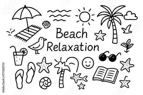 Beach Relaxation Doodles. Beach relaxation. Hand-drawn doodle illustration beach relaxation umbrella, towel, waves, palm tree, sun, seashell, drink,