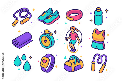 Skipping Training Icons. Skipping training. Colorful isometric vector icons set of skipping training: skipping rope, sneakers, sweatband, water bottle, gym