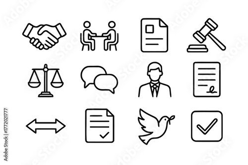 Dispute Resolution Icons. Dispute Resolution. Line icon set of Dispute Resolution: handshake, mediation table, agreement file, arbitration gavel, scale,