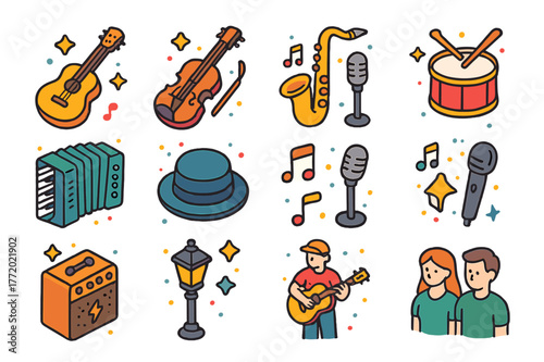 Musical Street Icons. Musical street act. Colorful isometric vector icons set of musical street act: guitar, violin, saxophone, drum, accordion, hat for tips,