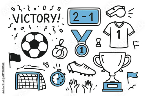 Sporting Victory Icons. Sports victory. Hand-drawn doodle illustration sports victory soccer ball (accented), whistle, scoreboard (accented), jersey, medal