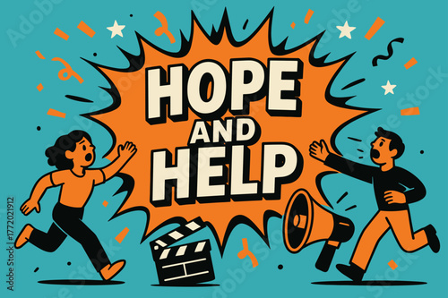 Hope and Help. Hope and Help banner, flat vector illustration, bold oversized text inside splash explosion banner, cartoon characters running and shouting