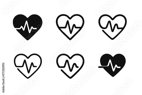 Heart Pulse Logos. Heart rate monitoring. Set Logo of Heart rate monitoring: pulse waveform within heart. harmonious logo variations of the same emblematic