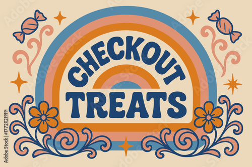 Groovy 70s Festival Poster. . Checkout Treats ? 70s Poster (variant): groovy rounded letters in centered arch; concentric rings and floral swirls with upbeat