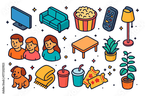 Family Movie Night Icons. Family movie evening. Colorful isometric vector icons set of family movie evening: TV, sofa, popcorn bowl, remote, family members,