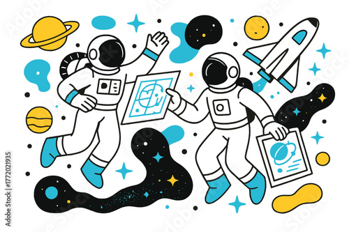 Cosmic Adventure. space exploration. Astronauts floating in zero gravity, stars and planets surrounding them, a sense of adventure and discovery. Spacecraft