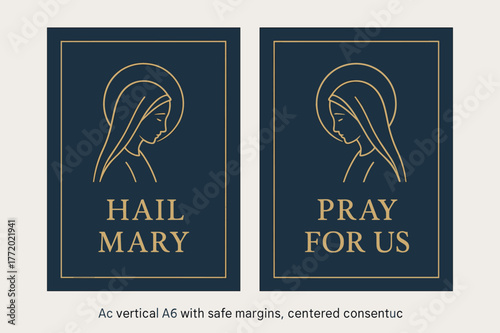 Navy and Gold Banners. Ave Maria. Two vertical A6 banners with safe margins, centered composition, no elements touching edges, minimal, navy and gold, simple