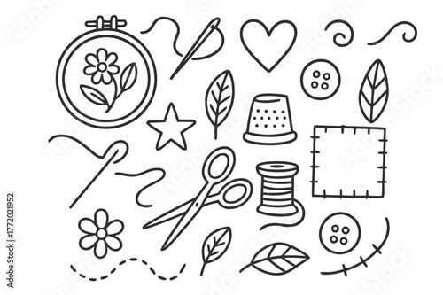 Embroidery Tools Doodles. Embroidery patterns. Hand-drawn doodle illustration embroidery patterns hoop, needle, thread, flower, heart, leaf, swirl, stitch