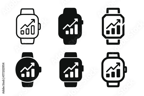 Sports Tracking Logos. Sports performance tracking. Set Logo of Sports performance tracking: smartwatch face with rising chart. harmonious logo variations of