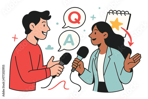 Dynamic Interview Scene. Interview segment. Two mics face each other like friendly comets; ?Q? and ?A? badges orbit between hosts. A notepad flips to a star as