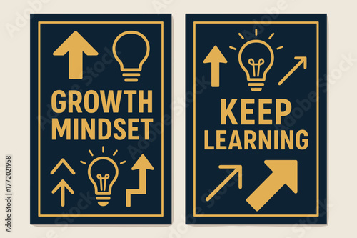 Growth Mindset Banners. Growth mindset. Two vertical A6 banners with safe margins, centered composition, no elements touching edges, bold, navy and gold,